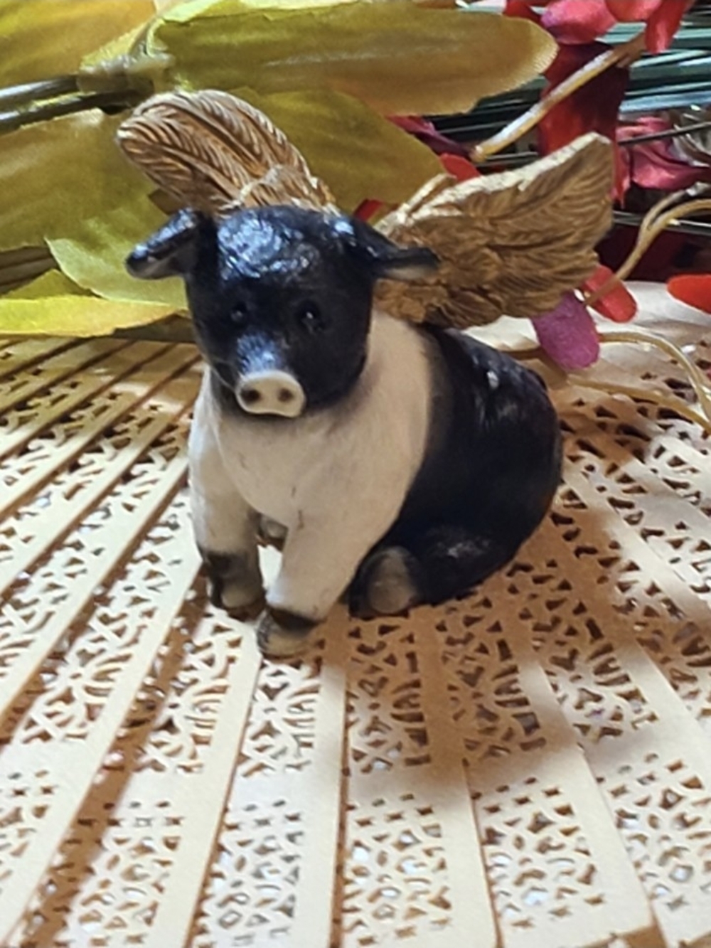 Vintage Black and White Pig Figurine with Gold Wings